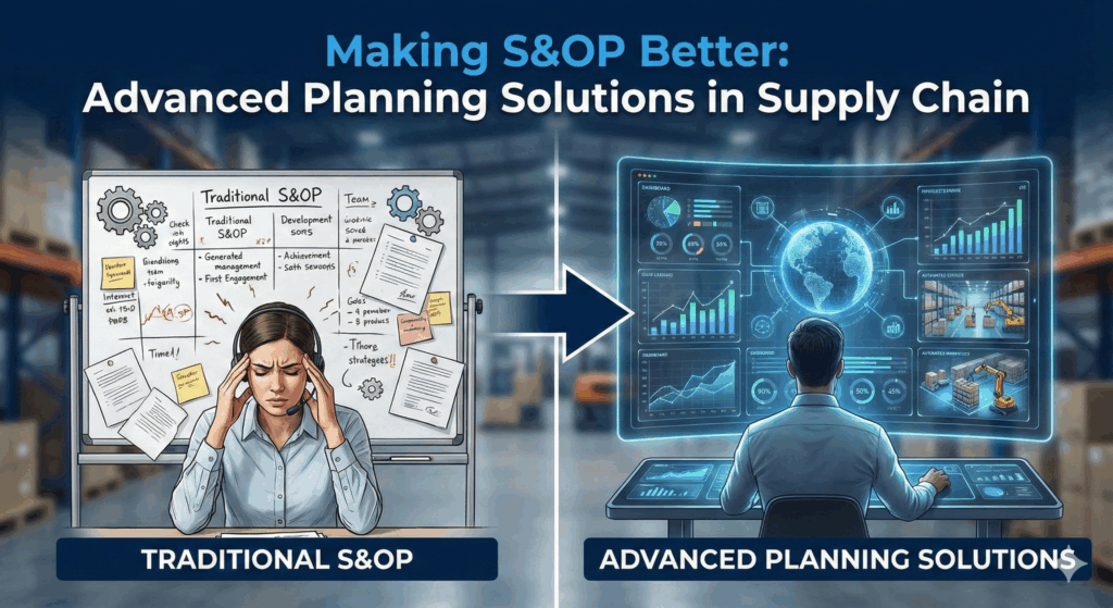 S&OP cycle showing demand, supply, financial alignment enabled by APS